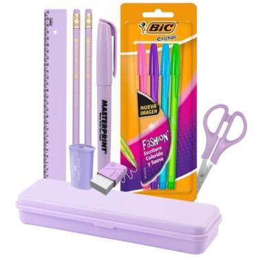 Imagem de Kit Escolar Voltas Aulas Escrita 12 itens Tons Pasteis Rosa Azul Verde