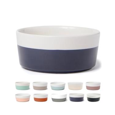 Imagem de Waggo Tigela de cerâmica para cães Dipper para raças pequenas e grandes – comida de animal de estimação pesada e durável e prato de água Crock, pode ser lavada na lava-louças, moderna (azul meia-noite, médio)