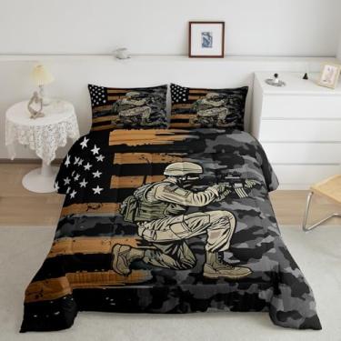 Imagem de Manfei Conjunto de edredom com tema de guerra, solteiro, 2 peças, vintage, camuflado, bandeira americana, listras, retrô, preto, cinza, camuflagem para quarto de criança, 1 fronha