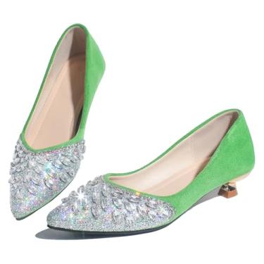Imagem de Danglianying Sapato social feminino de salto baixo, salto baixo, bico fechado, strass, bico fino, costas brilhantes, festa de casamento, Verde, 40