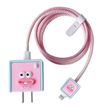 Imagem de Compatível com carregador adaptador USB-C 20W/18W da Apple, capa protetora de desenho 3D para iPhone 20W USB-C Adaptador de alimentação Carregador Fast Lightning Capa de cabo (quadrado rosa)