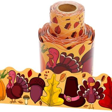 Imagem de Wonmon Rolo de borda de quadro de avisos de Dia de Ação de Graças, folhas de bordo de abóbora, peru, bolota, boletim, acabamento para o dia de Ação de Graças, colheita, outono, sala de aula