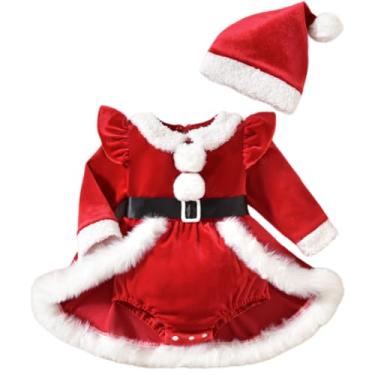 Imagem de Noubeau Macaquinho de Natal para bebês recém-nascidos, manga comprida, Papai Noel, saia vermelha de veludo, roupa de Natal para bebês, Vermelho, 3-6 Meses