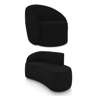 Imagem de Sofá 2 Lugares Orgânico 140cm Morgan e Poltrona Lua Veludo Preto D03 - D'Rossi