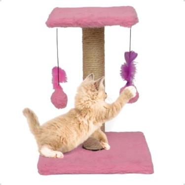Imagem de Arranhador Para Gatos Pet Poste Duplo Rosa Sisal Brinquedo Com Bolinha Pena Duas Bases Carpete Anti Stress Anfia Unhas