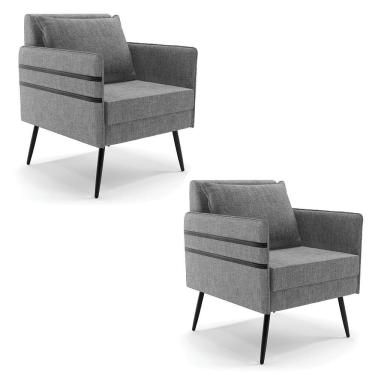 Imagem de Kit 02 Poltronas Linho Grafite A26 Pés Palito De Ferro Preto