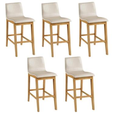 Imagem de Kit 05 Banquetas Altas Elis B05 Estofada Plástico Base Fixa com Encosto 102cm Bege para Cozinha