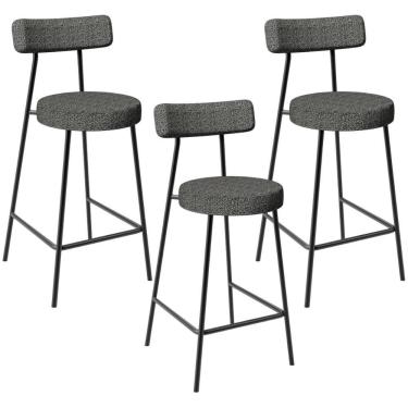 Imagem de Kit 03 Banquetas Baixa Para Cozinha Sala De Jantar Bar Bancada Milão L02 Linho Mescla Chumbo - Lyam Decor