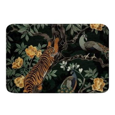 Imagem de jejeloiu Tapetes de banheiro Tigre Pavão 40,6 cm x 61 cm Crianças Boho Vida Selvagem Floral Tapetes de Banho para Banheira de Chuveiro para Meninos Meninas Adolescentes Boêmio Banheiro Tapetes