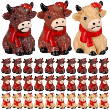Imagem de Soulchen 30 peças de decoração de vaca highland natal 5 cm resina natal highland vaca estatueta de natal poinsétia Papai Noel cachecol estátua de resina para Natal, jardim, cozinha, escritório