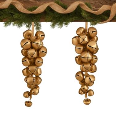 Imagem de Halloscume Conjunto de 2 sinos de ferro de sinos dourados de metal vintage com corda de juta para pendurar sinos decorativos de vaca rústico para grinaldas, ao ar livre, interior, Natal, decorações