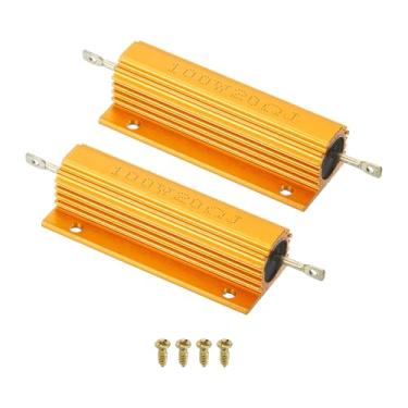 Imagem de PATIKIL Resistor de revestimento de alumínio de 100 W 20 Ohm com parafusos, 2 conjuntos de resistores de caixa de alumínio alojados resistores enrolados com rosca resistores de energia, dourado