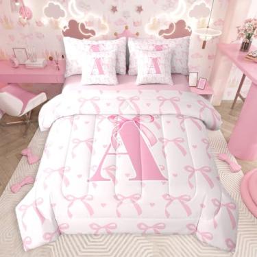 Imagem de jejeloiu Conjunto de edredom infantil fofo com laço rosa e lençol casal com letra A, 7 peças, lindo laço de coquete em uma bolsa, letra A com monograma para todas as estações