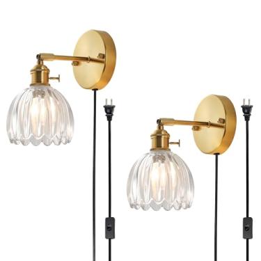 Imagem de Arandelas de parede conectadas e com fio, luz de parede de sombra de vidro de cristal tulipa vintage de luxo com interruptor para cabeceira quarto sala de estar (Tulip-Clear, 2)