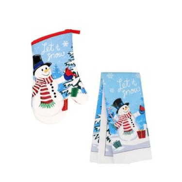 Imagem de Conjunto de 2 luvas e toalhas de forno de boneco de neve de Natal, boneco de neve, decoração de cozinha, conjunto de presente de cozimento e culinária para casas de inverno e Natal