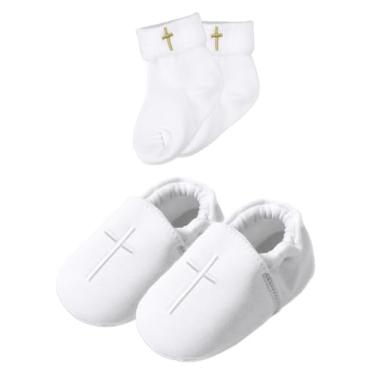 Imagem de AGJ Tênis de batismo para bebês meninos meninas com cruz bordada, sola macia infantil branco batizado tênis, Sapatos brancos + meias, 6-12 Meses