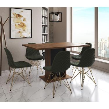 Imagem de Mesa Jantar Londres Retangular Amêndoa 137X90 Base Preta 6 Cadeiras Estofadas Verde Base Dourado