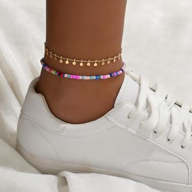 Imagem de Conjunto de tornozeleira feminina boho com moedas de ouro e tornozeleira colorida com contas em camadas