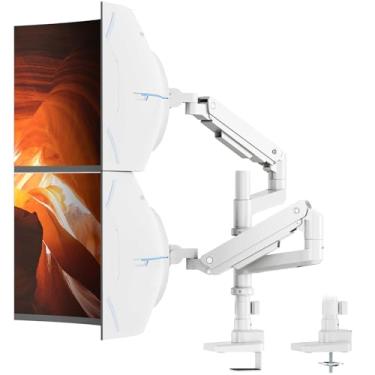 Imagem de PUTORSEN Braço duplo resistente de alumínio premium de 17-49 polegadas para telas Ultrawide de até 20 kg, suporte de mesa de monitor duplo empilhado vertical, suporte de monitor vertical duplo de