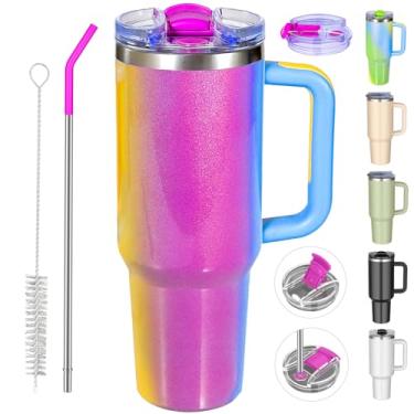 Imagem de Copo de 1,134 g com alça e tampa de canudo de silicone à prova de vazamento, tampa de palha, caneca de café de viagem, garrafa de água de aço inoxidável, copo isolado para bebidas quentes e frias