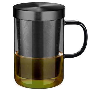 Imagem de ecooe Xícara de chá de vidro de 480 ml com infusor e tampa, copo de chá de vidro transparente com infusor e tampa removíveis de aço inoxidável, xícara de chá de 500 ml para chá de folhas soltas
