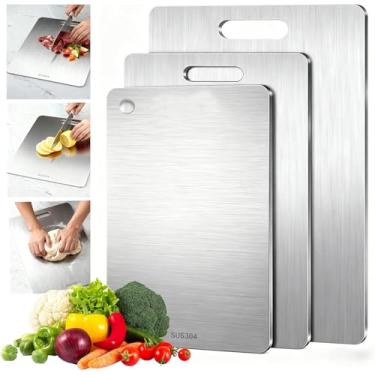Imagem de 3 peças de tábua de corte de aço inoxidável, tábua de corte de titânio, tábua de corte dupla face para cozinha, frutas, pão, carne e vegetais (prata, G + M + S)