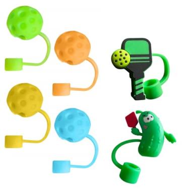 Imagem de Pacote com 6 protetores de palha de pickleball – lindos marcadores de bebida de silicone e capas de canudo para garrafas de água, copos e copos – Acessórios divertidos para quadra, presentes e