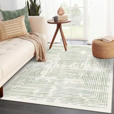 Imagem de BLISSA Tapete lavável 3x5 – Tapete de entrada moderno antiderrapante ultrafino macio verde sálvia linhas bordadas abstrato listrado tapete de cabeceira para entrada, cozinha, quarto, banheiro