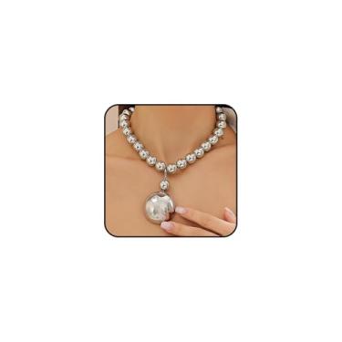 Imagem de Navirix Colar feminino com pingente de contas de ouro grosso, prata delicada, grandes contas redondas, colar Y2k, colar vintage dos anos 70, 80, joias, presentes, Large, Metal, Sem Pedra Preciosa