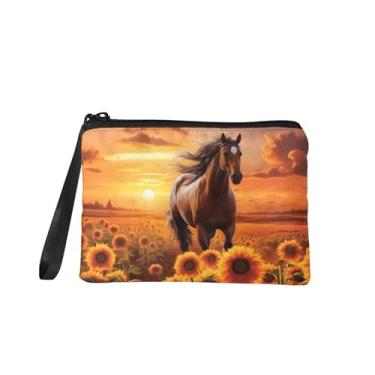 Imagem de Bolsa feminina pequena para moedas, porta-moedas, porta-cartões com zíper, porta-chaves, bolsa de maquiagem, Cavalo de girassol, P