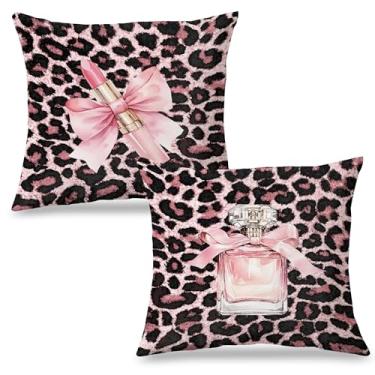 Imagem de Exqcom Conjunto de 2 capas de almofada com estampa de leopardo rosa 45,7 x 45,7 cm, decoração de quarto infantil, coquette, batom, perfume, guepardo, para quarto de meninas, dormitório, apartamento