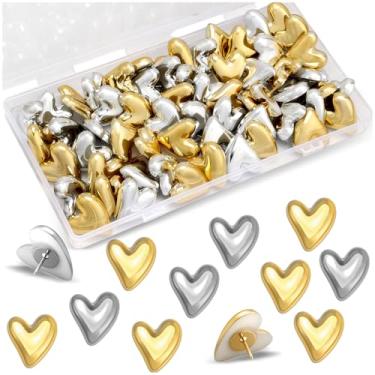 Imagem de Travone 60 peças de pinos fofos de coração dourados prateados pinos decorativos para cortiça, quadro de avisos, decoração de tachinhas, suprimentos para parede, casa, escola, escritório, pôsteres