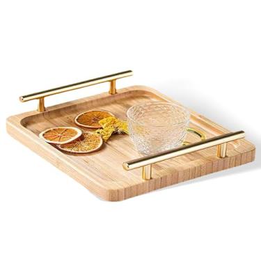 Imagem de Bandeja de servir café da manhã de bambu de 30,5 x 20,3 cm com alças douradas, bandeja decorativa de alimentos para chá, café, lanches, festas e uso na mesa