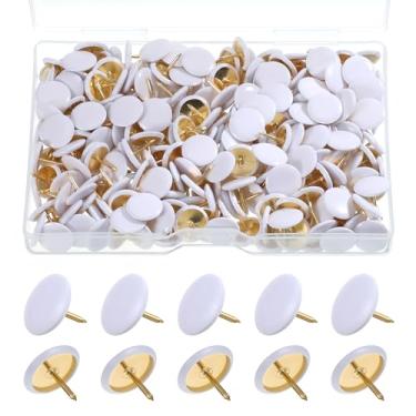 Imagem de 300 peças de pinos planos decorativos brancos de plástico com cabeça redonda pinos de desenho com caixa de armazenamento tachinha para parede mapa quadro de cortiça escritório escola (branco, 3/8