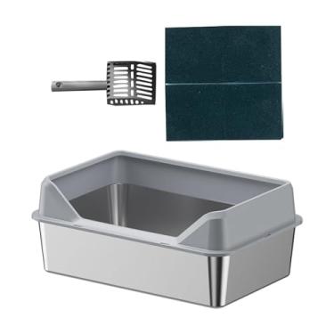 Imagem de Bothyi Caixa de areia aberta para gatos, vaso sanitário à prova de respingos com pá, cerca elevada para gatos de interior, caixa de areia para gatos, bacia, Cinza Claro