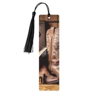 Imagem de Chapéu preto de caubói botas ocidentais estampadas marcadores de página de madeira personalizados, acessórios de livros exclusivos para homens e mulheres, atende a todas as necessidades dos amantes de