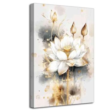 Imagem de LZIMU Arte de parede de lótus dourado branco imagem zen flor flor pintura meditação relaxar impressão em tela pôster espiritual aquarela lírio aquático arte escritório banheiro decoração (18C x 12W)
