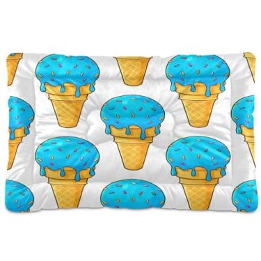 Imagem de Wassud Doodle Blue Ice Cream Caixote de cama lavável para cães e gatos, almofada de cama de viagem antiderrapante, almofada de canil para ambientes internos e externos, 91 x 61 cm