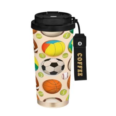 Imagem de STAYTOP Caneca de café de viagem com isolamento de futebol de rúgbi de desenho animado de 482 g, copo de café reutilizável de aço inoxidável com tampa flip à prova de vazamento à prova de vazamento