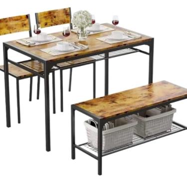 Imagem de conjunto de jantar Mesa de cozinha 2 cadeiras para 4 bancos Conjunto mesa jantar peças para apartamento com espaço pequeno(Rustic Brown)