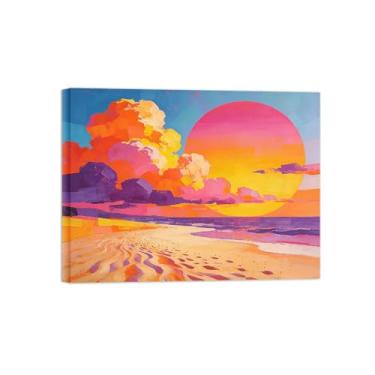 Imagem de Pintura abstrata de parede - nuvens de praia pôr do sol - decoração moderna - impressões em tela para sala de estar pronta para pendurar tela embrulhada 50 x 65 cm 20 x 26 pol