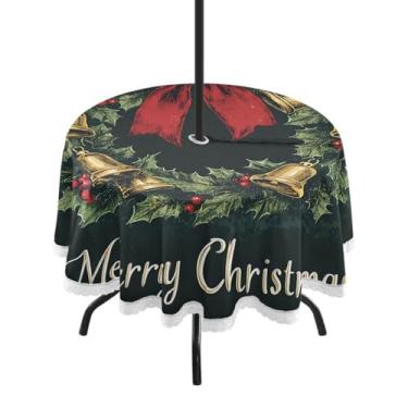 Imagem de CEBUGI Toalha de mesa redonda para uso ao ar livre, guirlanda de Natal, impermeável, com furo Umberlla, capa de mesa lavável para pátio, cozinha, sala de jantar, 152 cm