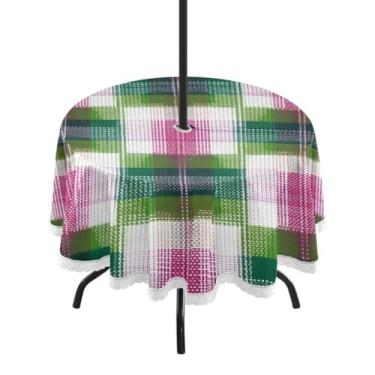 Imagem de CEBUGI Toalha de mesa redonda para uso ao ar livre, padrão xadrez, impermeável, com furo Umberlla, capa de mesa lavável para pátio, cozinha, sala de jantar, 152 cm