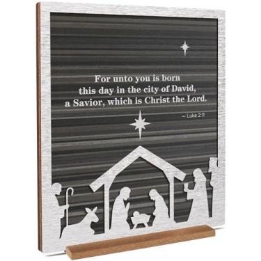 Imagem de Conjunto de presépio e figuras de madeira Luke 2:11, placa de Natal com versículo da Bíblia de Cristo o Senhor, decoração de férias de fazenda moderna, presente de arte de parede e mesa religiosa para