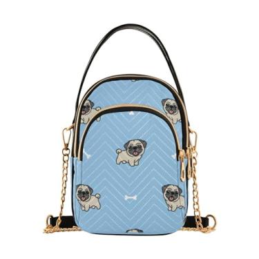Imagem de Bolsa feminina de ombro azul golfinho baleias marinhas para celular bolsa de mão floral designer clutch tote, Cachorro Pug engraçado azul, 5.91x3.15x8.27inches