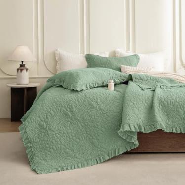 Imagem de QSH Conjunto de colcha king extragrande de algodão lavado, verde-oliva (325 x 304 cm), 3 peças, colcha com babados California King, ultramacia, leve, enrugada, com fronhas