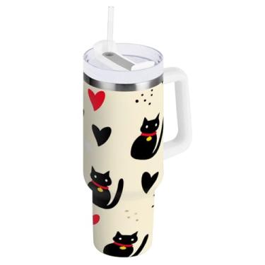 Imagem de Blueangle Copo isolado de gato preto de 1,134 g com alça e tampa de palha, caneca de viagem reutilizável de aço inoxidável (162)