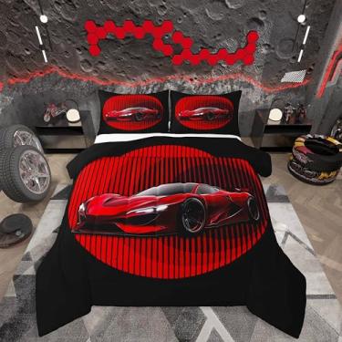 Imagem de jejeloiu Conjunto de edredom de carro de corrida, tamanho solteiro, para crianças, meninos, meninas, esportes radicais, edredom geométrico, decoração de quarto de microfibra, 2 peças com 1 fronha