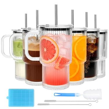 Imagem de Accguan Pacote com 6 copos de vidro com nervuras de 590 ml com canudo e tampa, copo de vidro com alça, xícaras de café reutilizáveis com tampas - Copos de vidro com tampas para smoothie, café, suco
