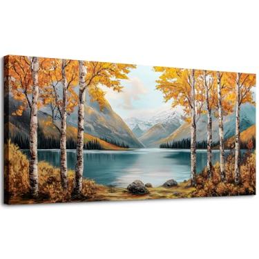 Imagem de SLYCAY Impressões de arte de parede de paisagem grande, imagens de pintura em tela de árvore de bétula de Goden, natureza lago montanha parede decoração de casa de fazenda, arte moderna, sala de estar